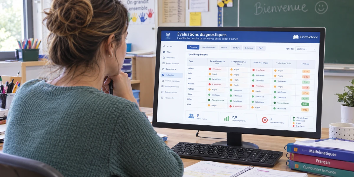 Illustration d'un enseignant consultant une checklist et des tableaux d'analyse des résultats d'évaluations diagnostiques dans PrimSchool