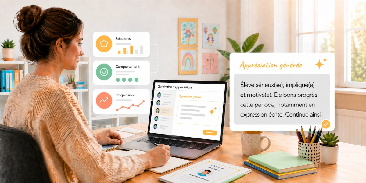 Enseignante rédigeant une appréciation scolaire pour un livret ou bulletin