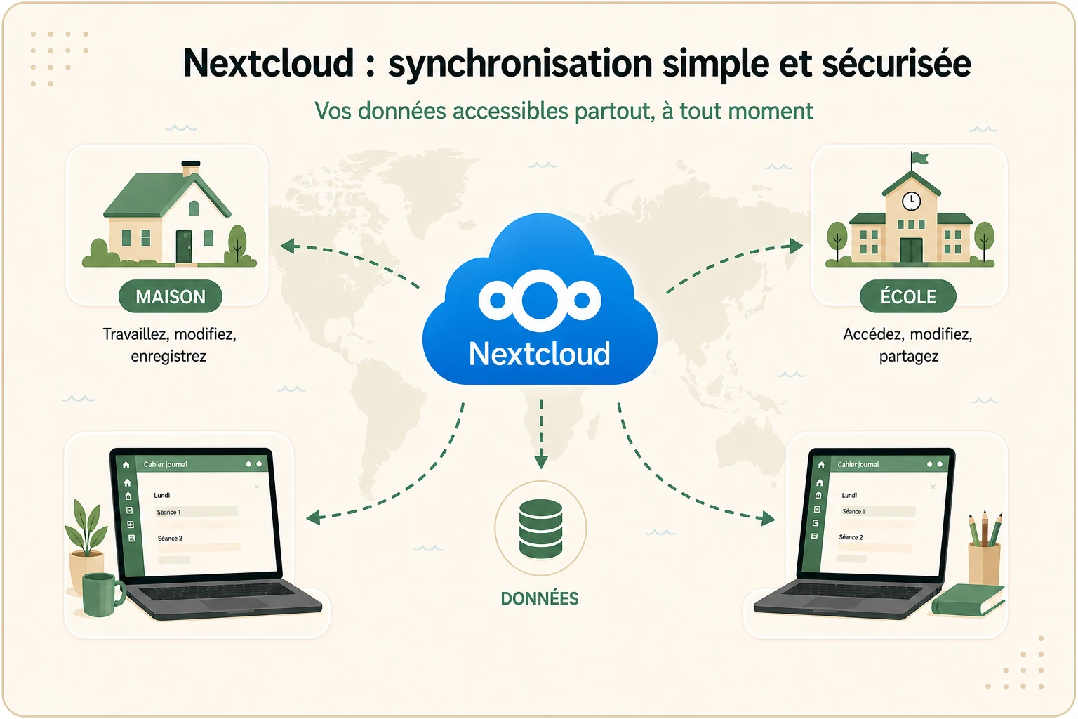 Synchronisation cloud du cahier journal entre la maison et l'école avec Nextcloud