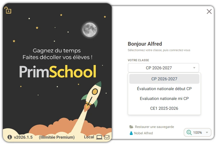 Écran de connexion PrimSchool avec toutes les séries d'évaluations disponibles